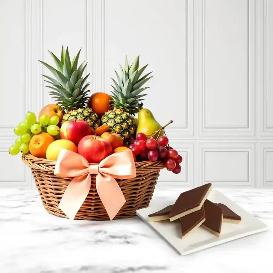 Chocolate Katli from Mithas Delicious Sweets with Fresh Fruit Basket