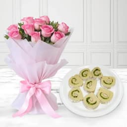 Kaju Cake from Mithas Delicious Sweets with Pink Rose Bouquet 1