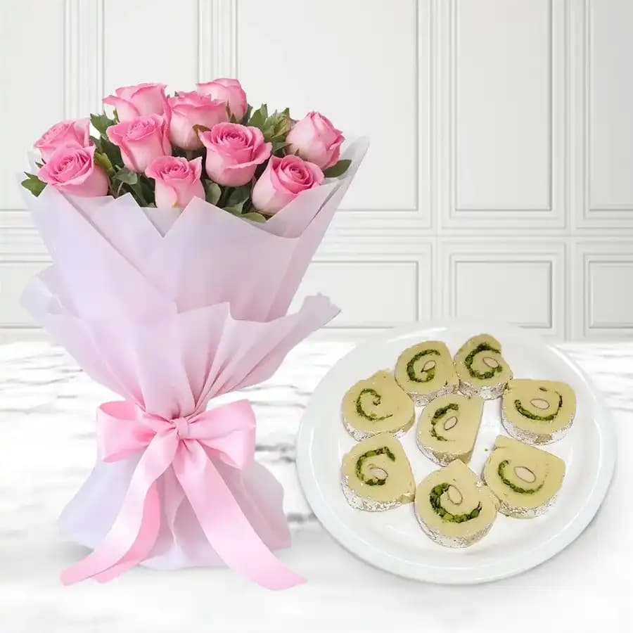 Kaju Cake from Mithas Delicious Sweets with Pink Rose Bouquet