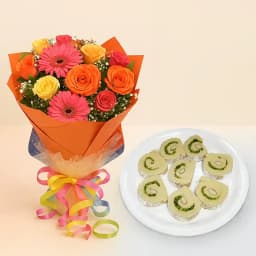 Kaju Cake from Mithas Delicious Sweets with Seasonal Flower Bouquet 1