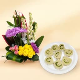 Kaju Cake from Mithas Delicious Sweets with a Mixed Flower Arrangement 1