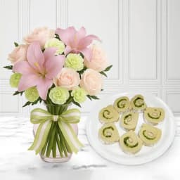 Kaju Cake from Mithas Delicious Sweets with a Mixed Flowers Bouquet 1