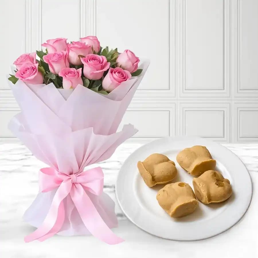 Nolen Gurer Jalbhora from K.C.Das with Pink Rose Bouquet