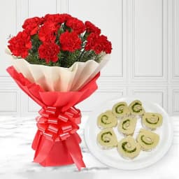 Kaju Cake from Mithas Delicious Sweets with Red Carnation Tissue Wrapped Bouquet 1