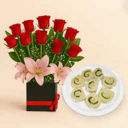 Kaju Cake from Mithas Delicious Sweets with a Designer Flower Arrangement 1