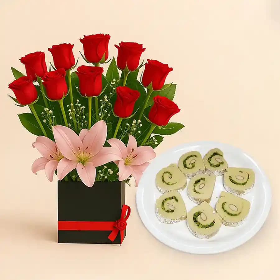 Kaju Cake from Mithas Delicious Sweets with a Designer Flower Arrangement