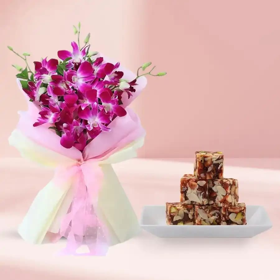 Dry Fruits Barfi from Mithas Delicious Sweets with Orchid Bouquet