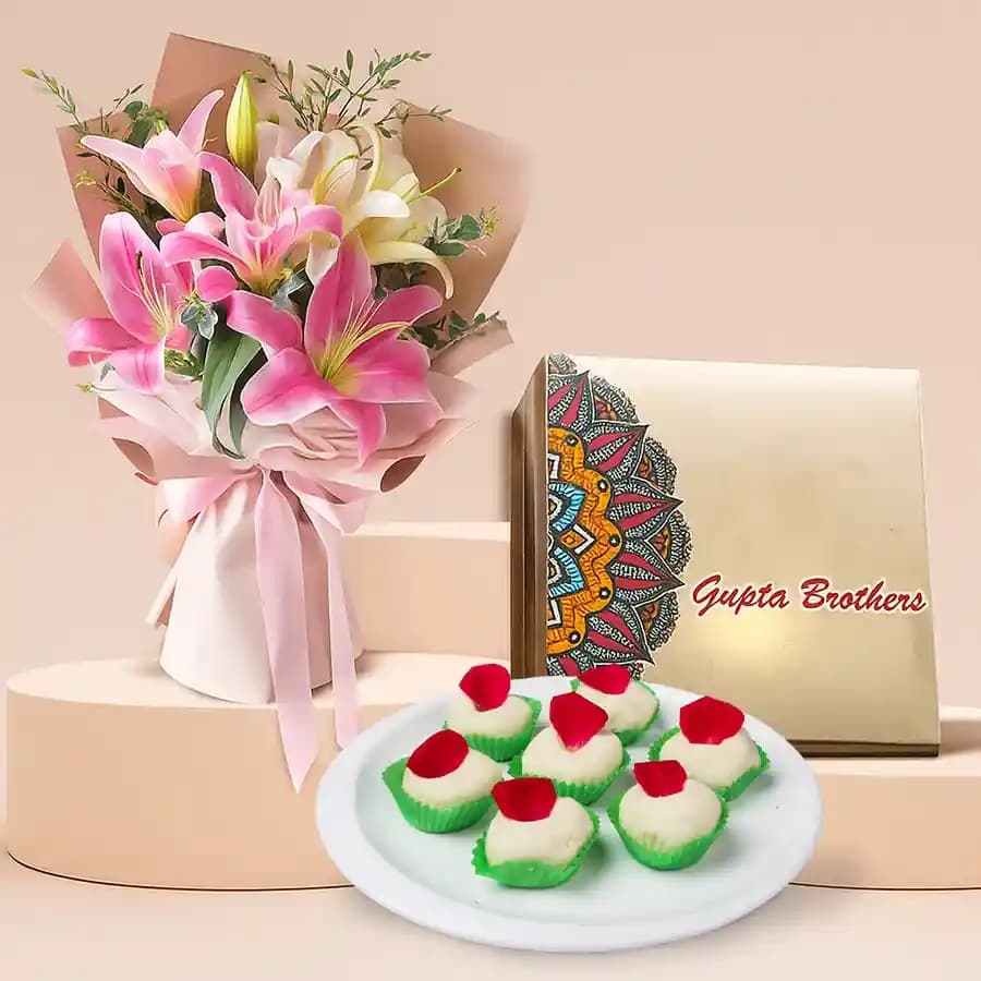 Fresh Lilies N Golap Pati Sandesh Bites