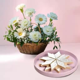 Serene White Flowers N Kaju Barfi Delight 1