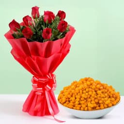 Romantic Red Roses with Delectable Bundi Delight 1