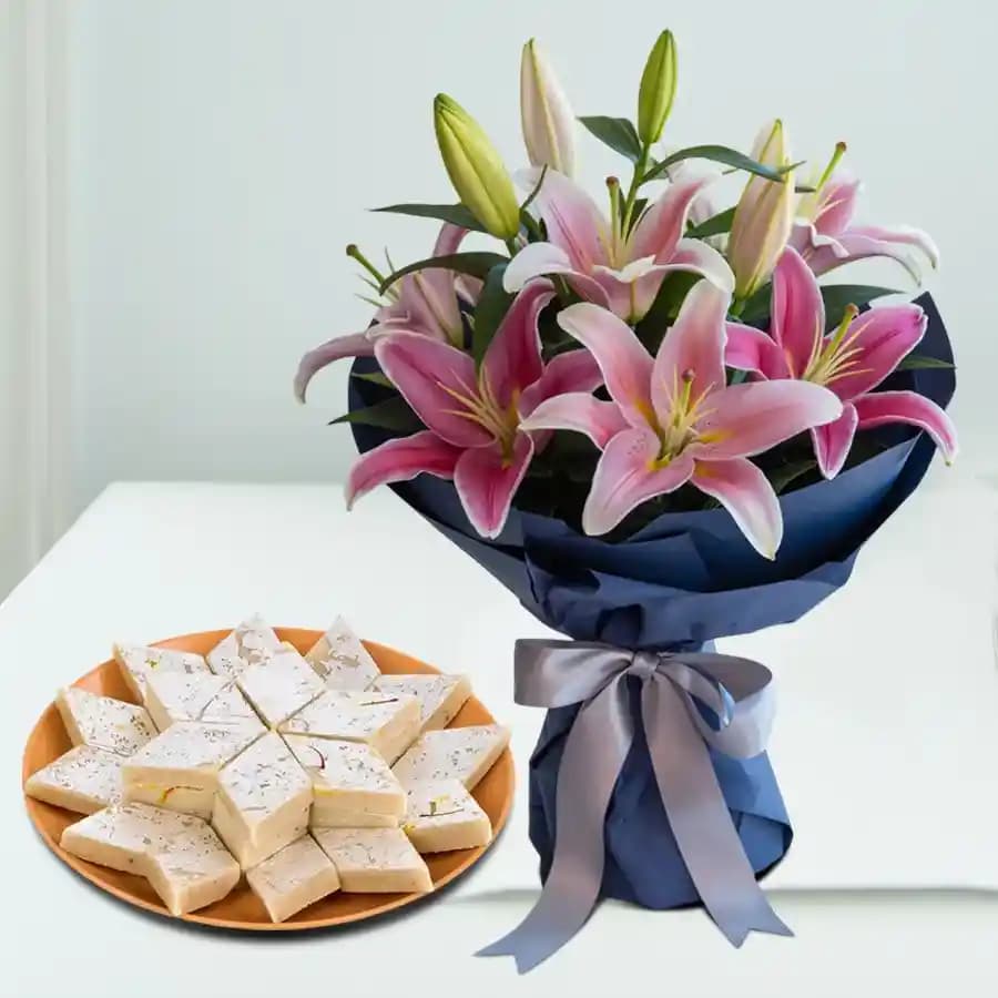 Fresh Lilies N Indulgent Kaju Barfi