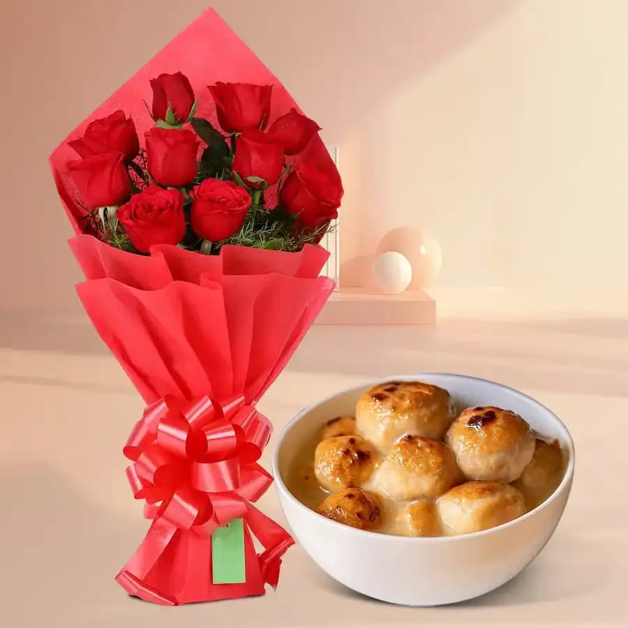 Red Roses N Baked Rosogolla Bliss