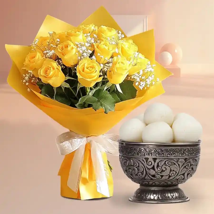 Sunny Roses N Spongy Rosogolla Gift