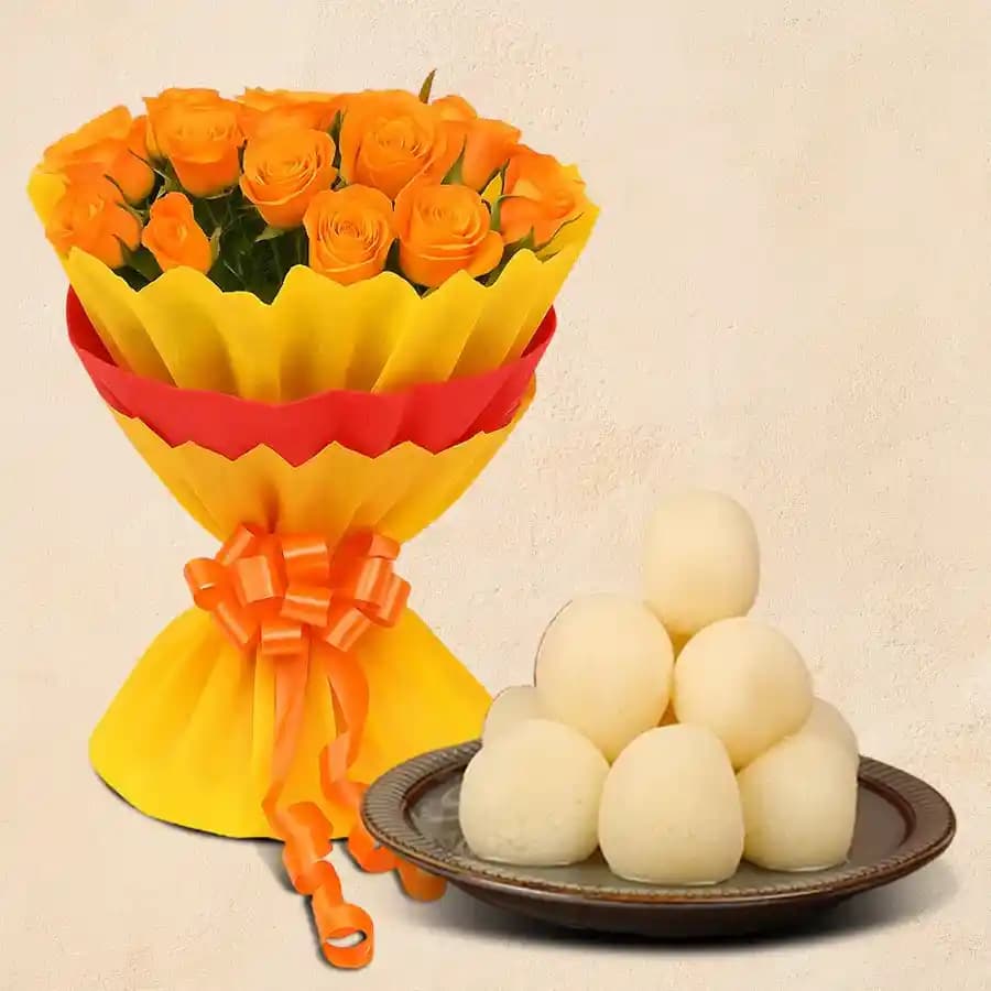 Vibrant Orange Roses N Rosogolla Duo
