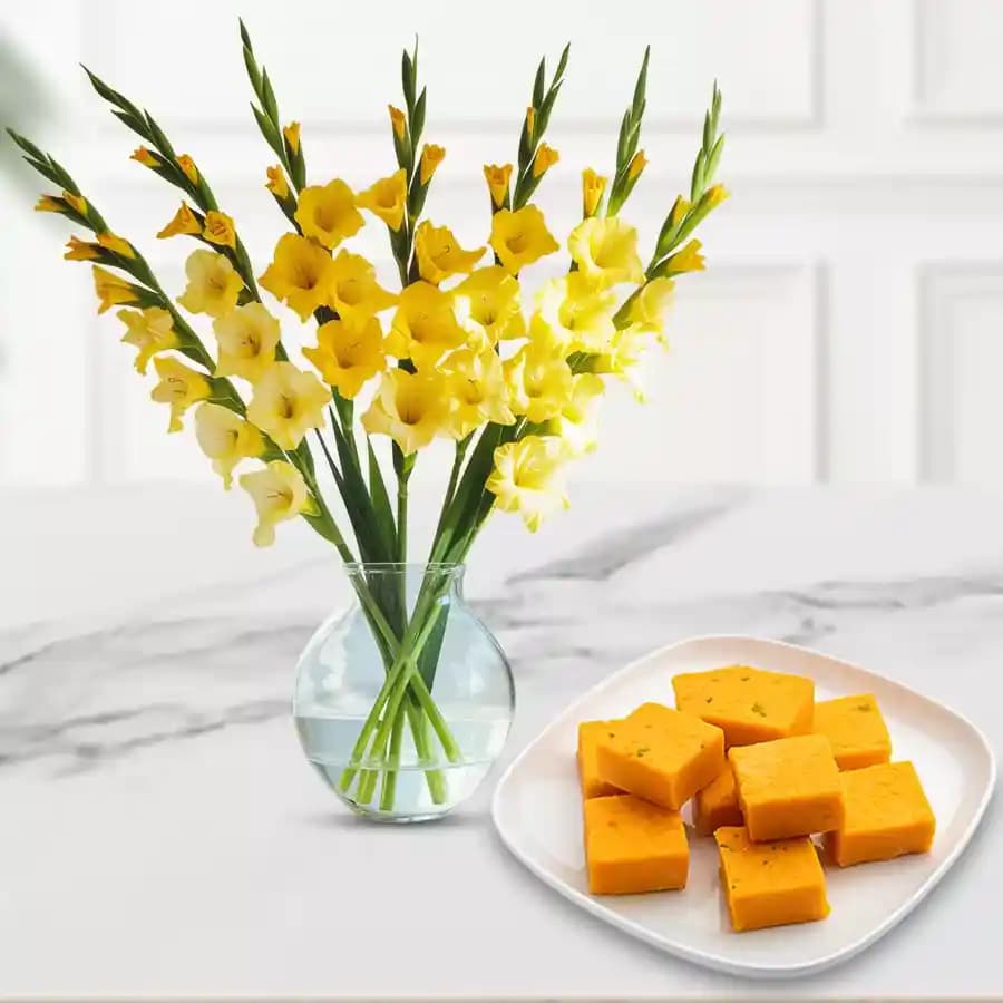 Gladiolus Vase N Butterscotch Sandesh Delight
