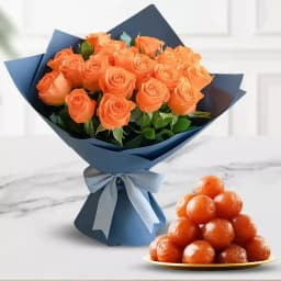 Vibrant Orange Roses with Delectable Gulabjamun 1