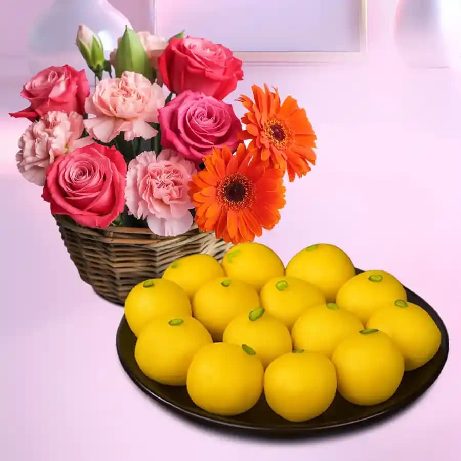 Mixed Flowers N Raj Bhog Gift Set