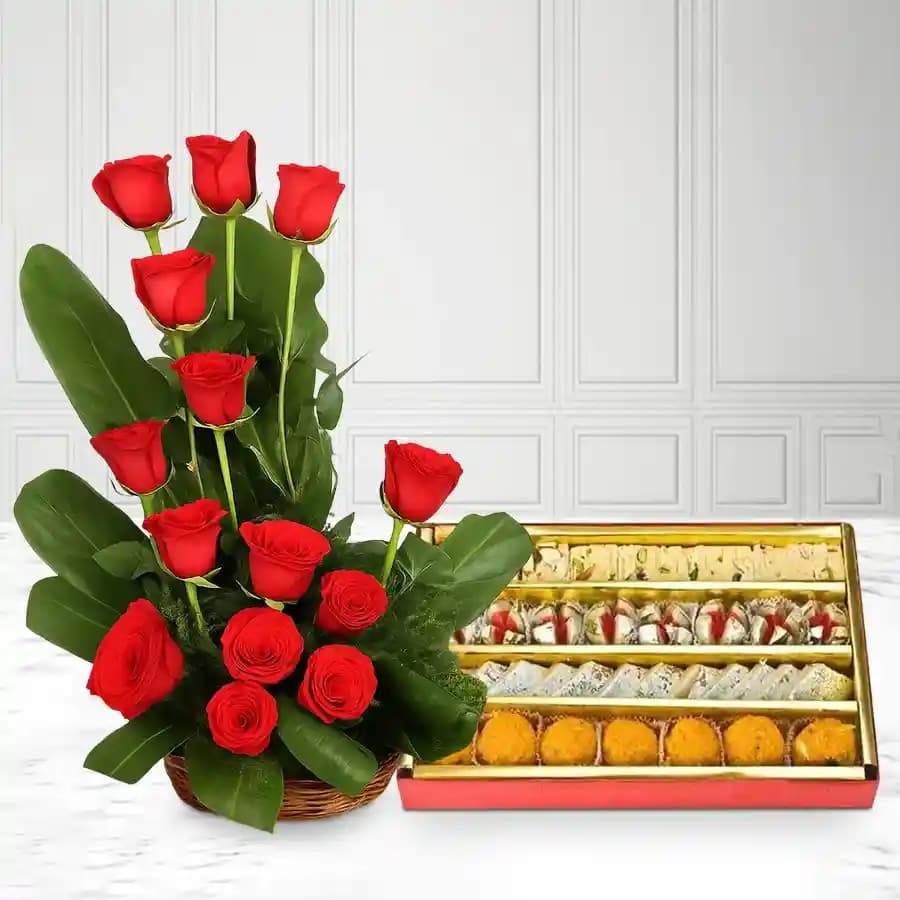 Red Roses Arrangement with Haldirams Mixed Sweets