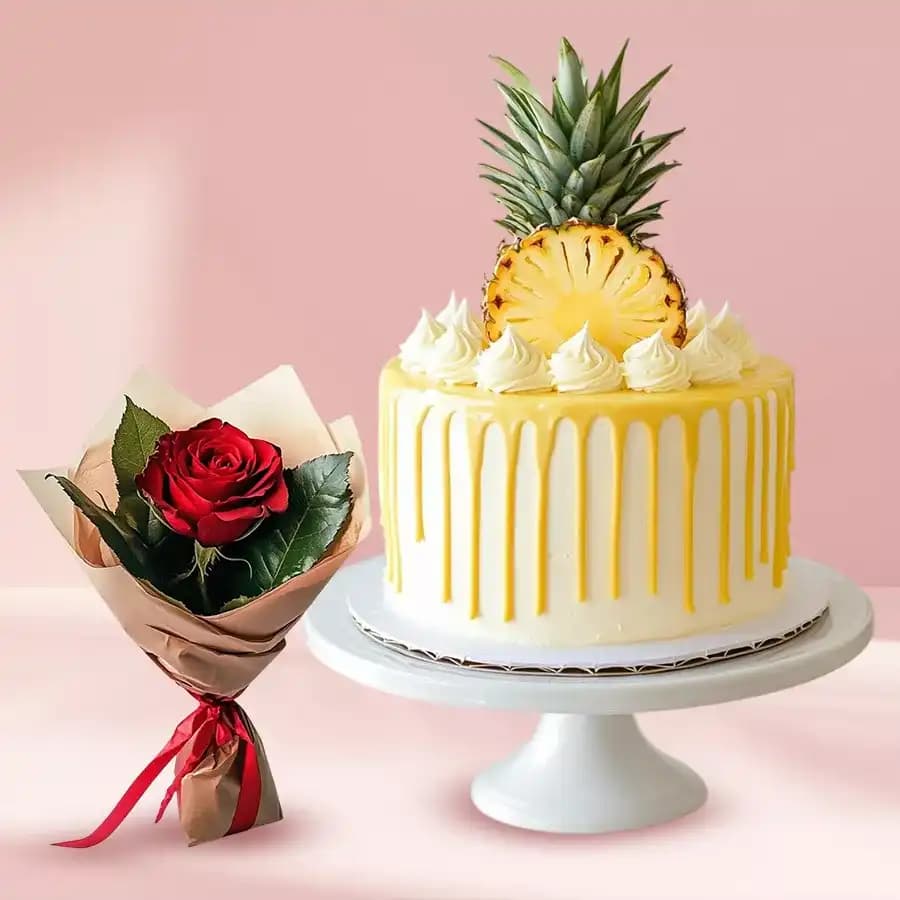 Yummy Pineapple Cake and Red Rose