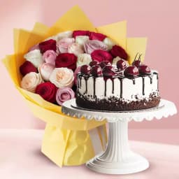 Chromatic mixed Roses bunch with mouthwatering Black Forest Cake 1