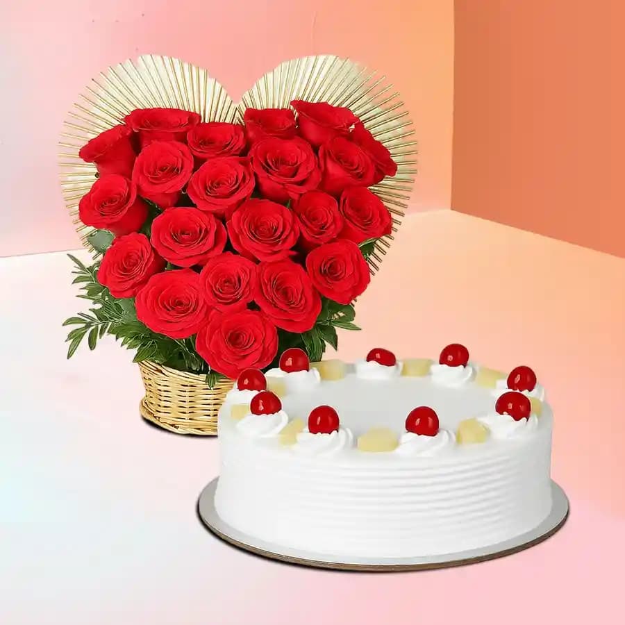 Heartfelt Pineapple Celebration Cake & Rose Bouquet