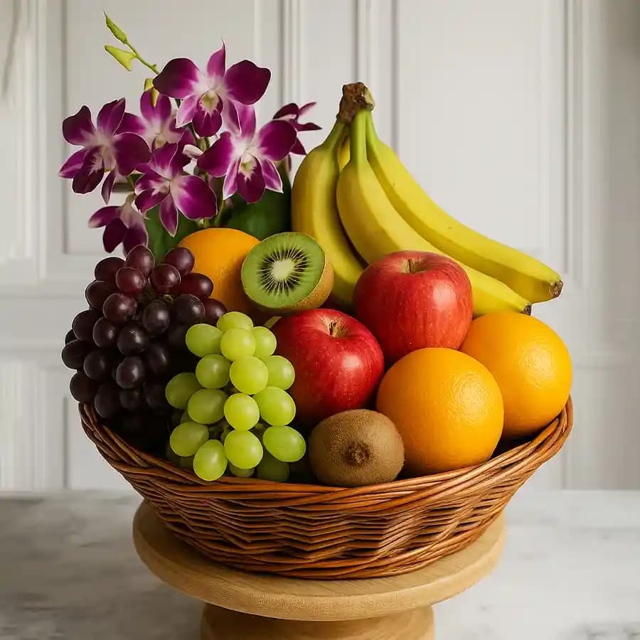 Delightful Flowers with Mixed Fruits Basket