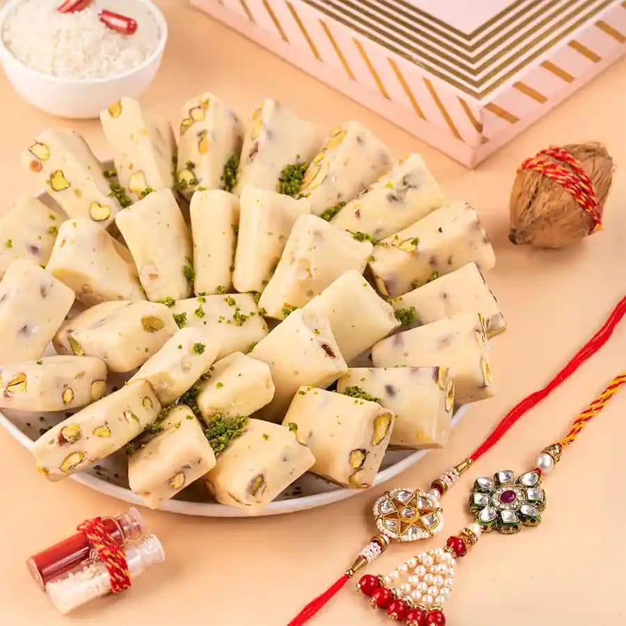 Stuning Kundan Rakhi N Chocolate Nougat Combo