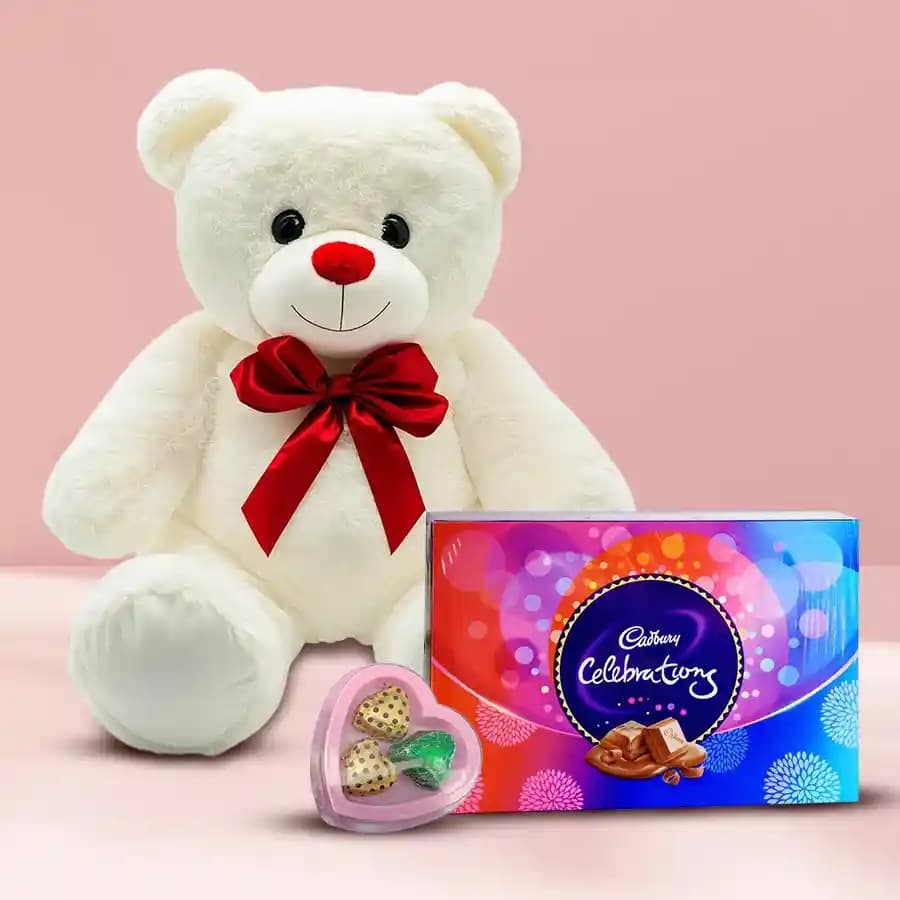 Big White Teddy with Cadbruy Chocolates With Heart Shape Red Tin Box of Handmade Chocolates