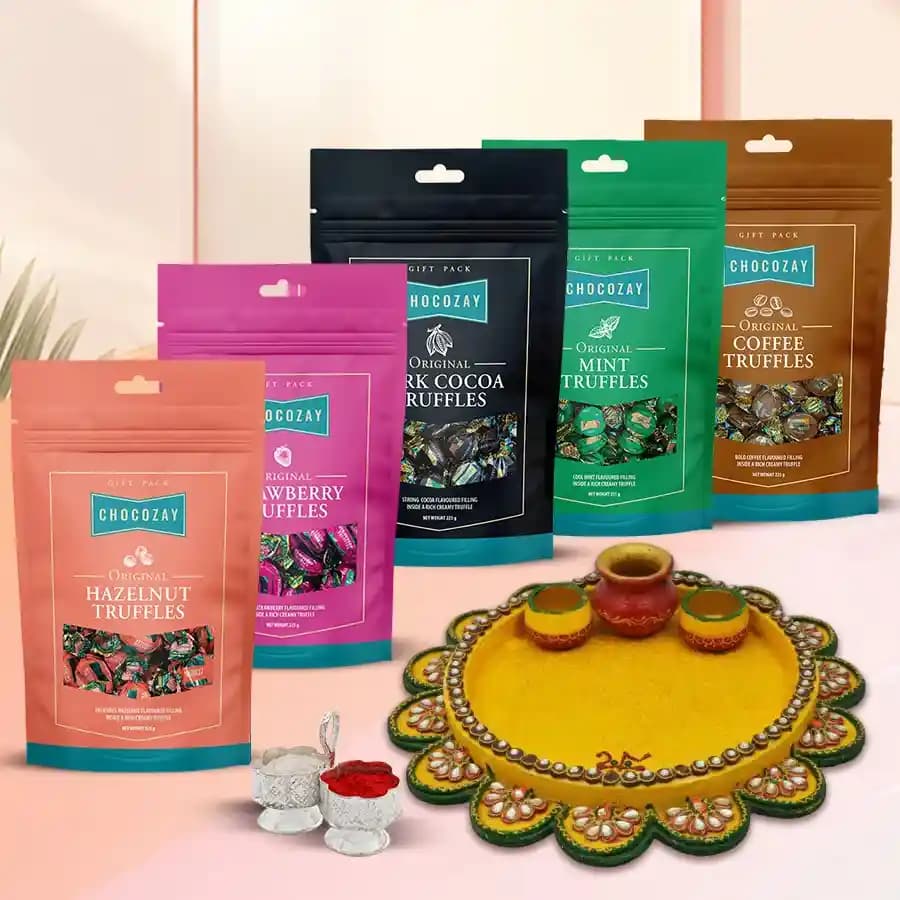 Delicious Five Assorted Truffle Chocolates with Pooja Thali