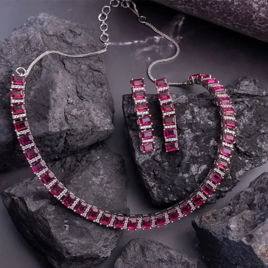 Regal Ruby Drop Necklace and Earring Set
