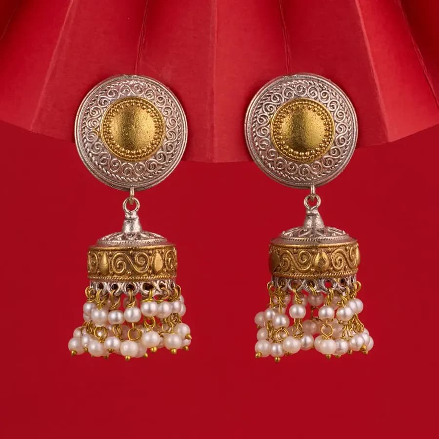Charming Oxidised Silver and Gold Jhumka Earrings