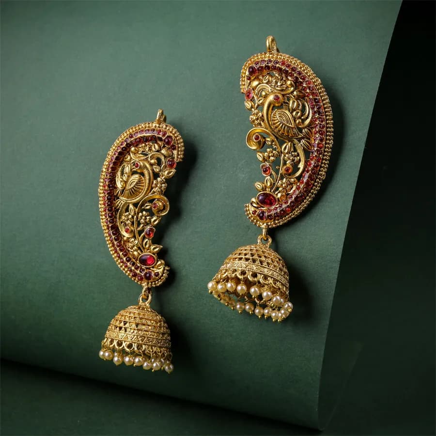 Regal Ruby-Studded Peacock Ear Cuffs