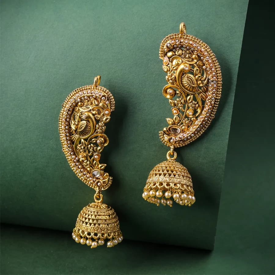 Opulent Gold Peacock Dome Earrings with Pearl Details