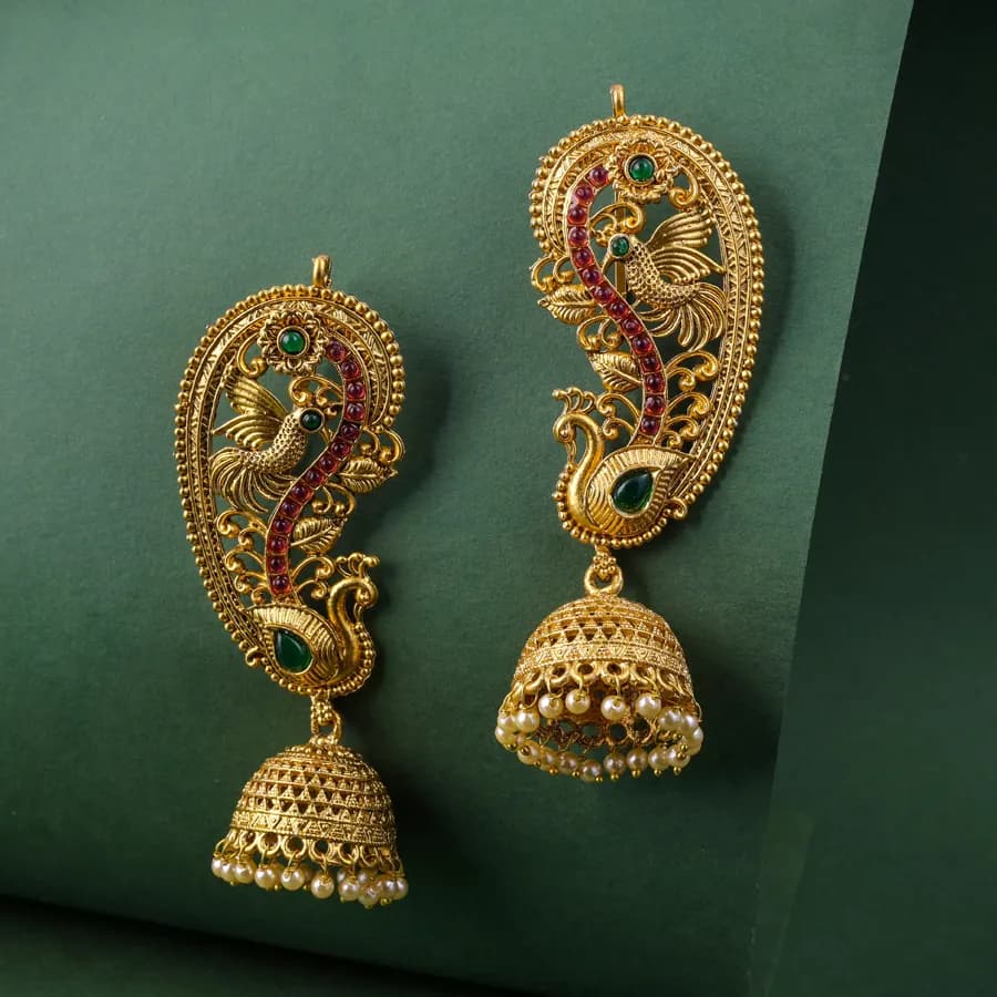 Grand Peacock Jhumka Earrings with Ruby and Emerald