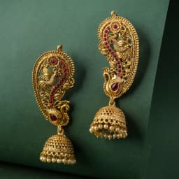 Elegant Jhumka Earrings with Vibrant Red Stones 1