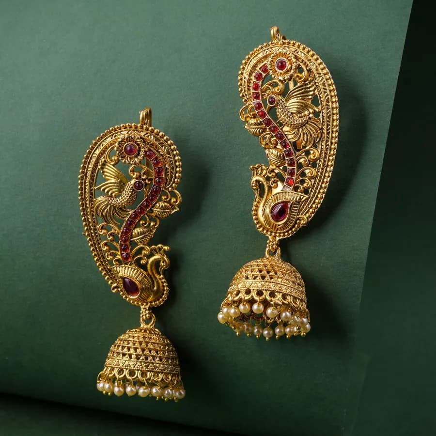 Elegant Jhumka Earrings with Vibrant Red Stones