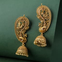 Majestic Peacock-Inspired Gold Jhumka Earrings with Radiant White Stones 1