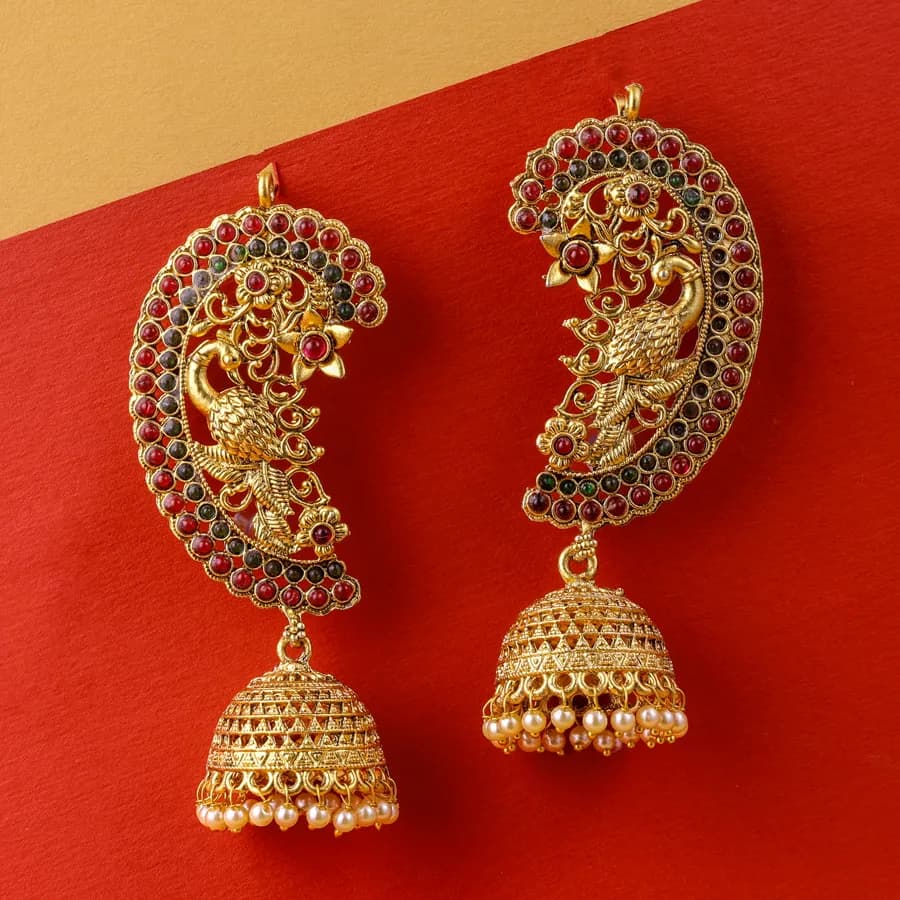 Majestic Peacock Jhumka Earrings: Ruby and Emerald Dream
