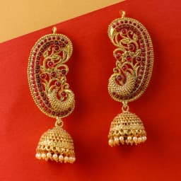 Regal Peacock Jhumka Earrings with Ruby Hues 1
