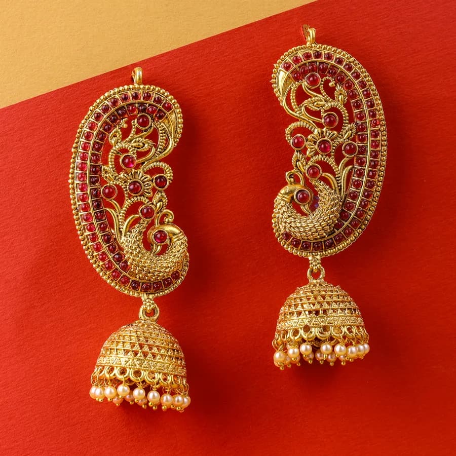 Regal Peacock Jhumka Earrings with Ruby Hues