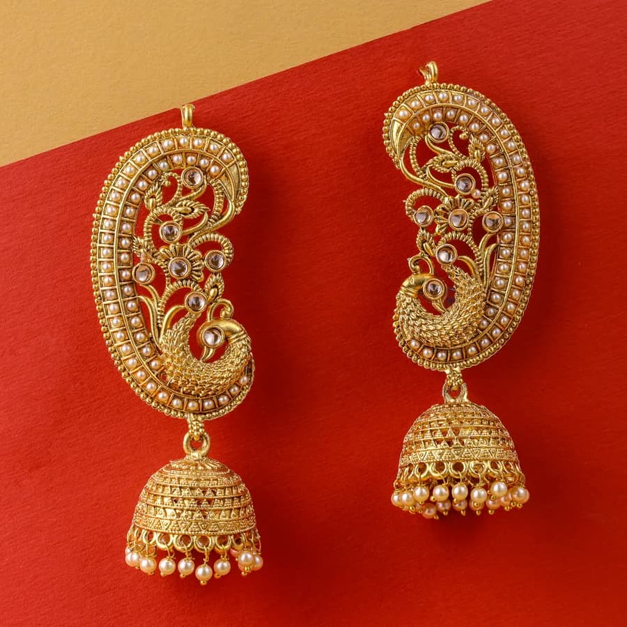 Elegant Gold Jhumka Earrings with Delicate Pearl Touch