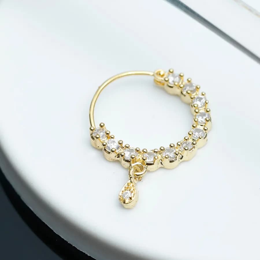 Radiant Gold Teardrop Nose Ring with CZ Accents