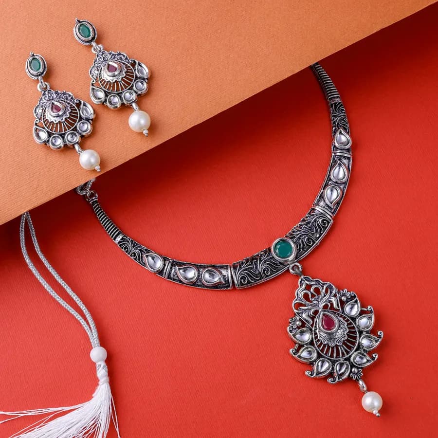 Majestic Oxidised Peacock Necklace with Colorful Gemstone Accents