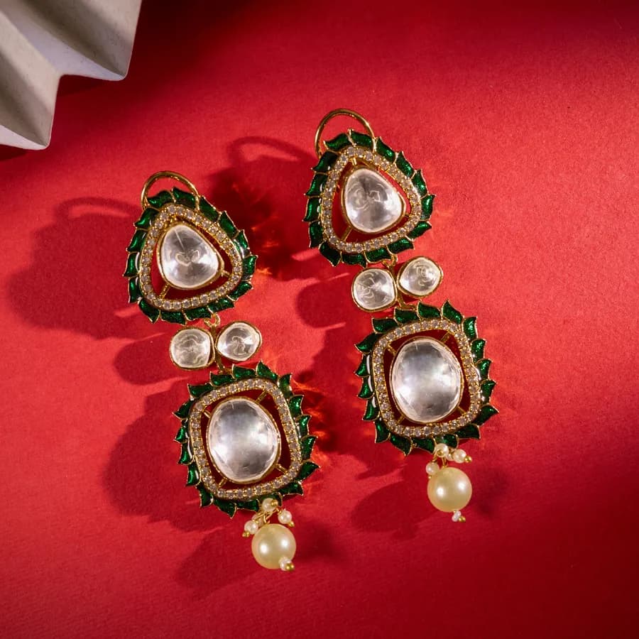 Regal Green Kundan Drop Earrings