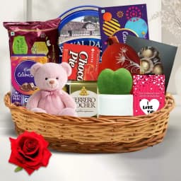 Enthralling Chocolate Assortments Gift Basket with Rose Teddy N Plant 1