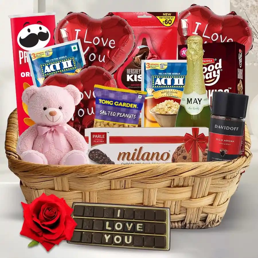 Exquisite Gourmet Delight Gift Hamper with Balloons Teddy N Rose