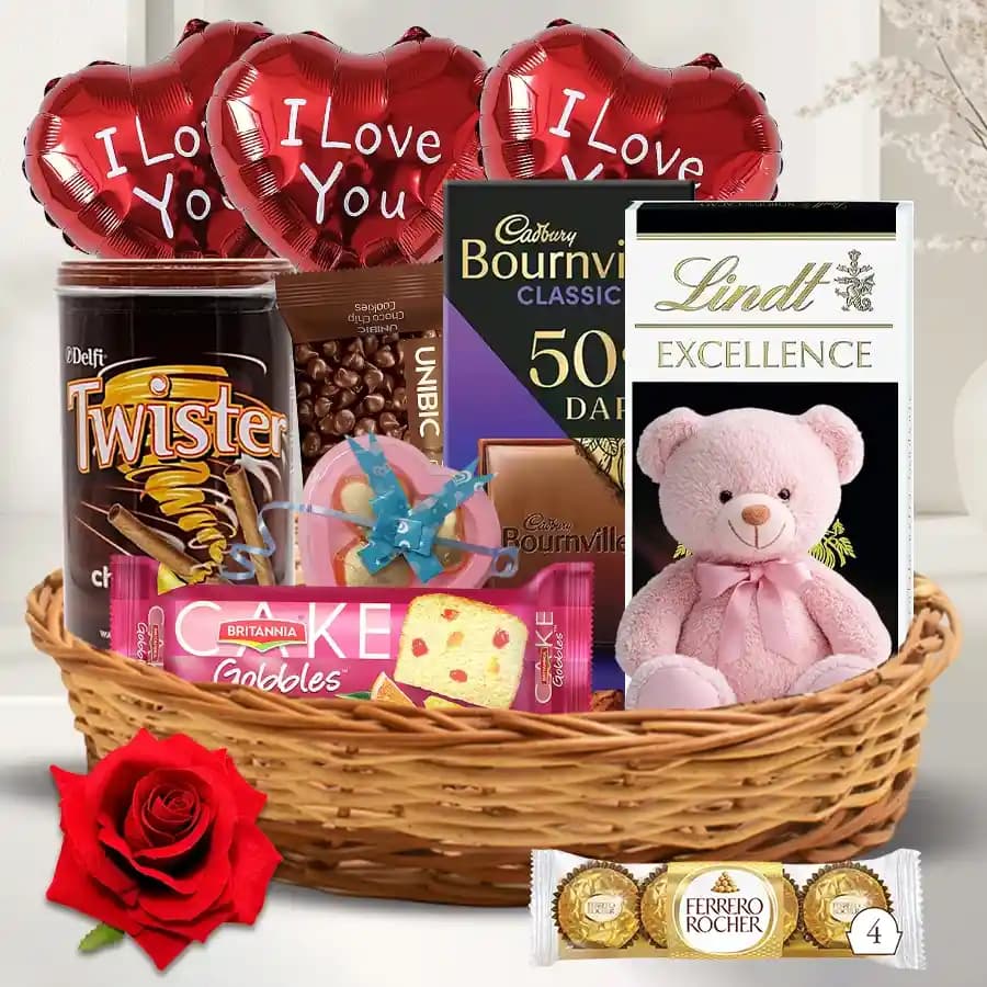 Breathtaking Chocolate Gift Hamper with Balloon Teddy N Rose