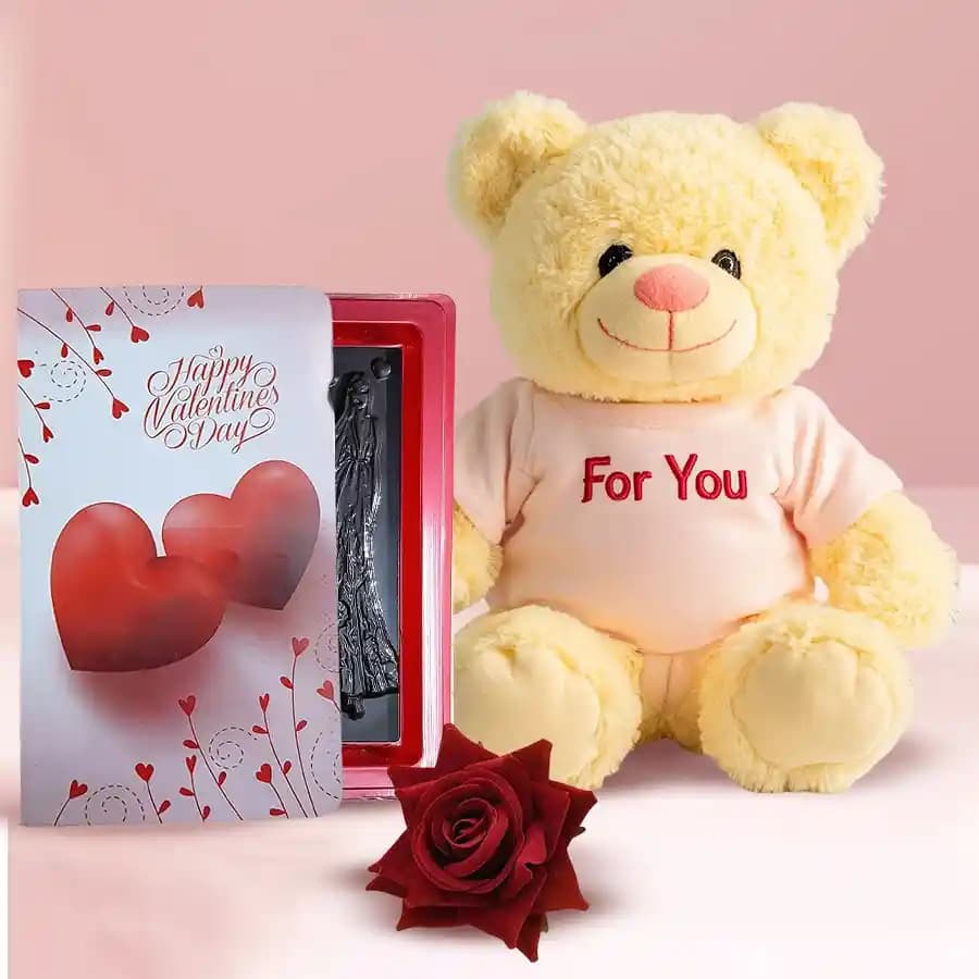 Delightful Teddy Love Chocolate n Velvet Rose Gift Combo for Girlfriend