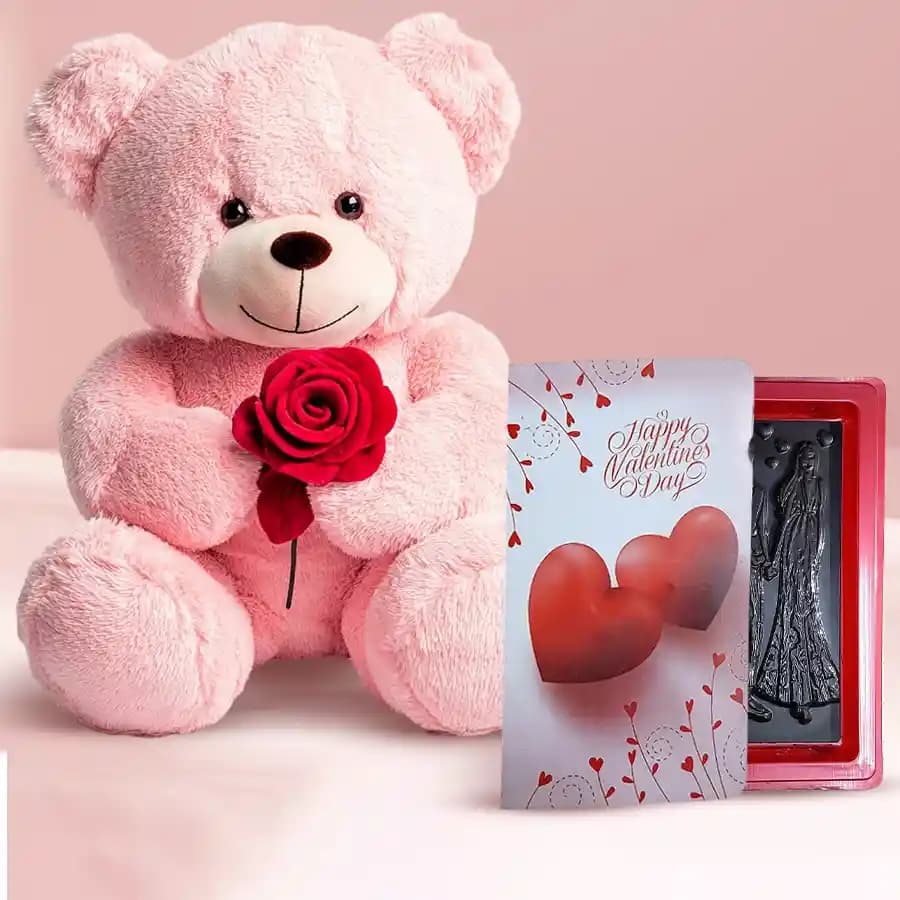 Dazzling Rose Day Gift of Teddy with Rose n Love Handmade Chocolate