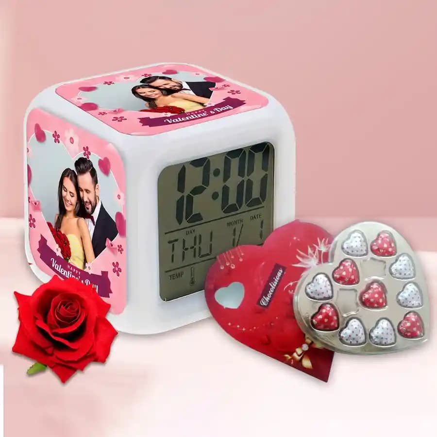 Exciting Gift of Personalized Photo Clock with Heart Shape Chocolates n Roses